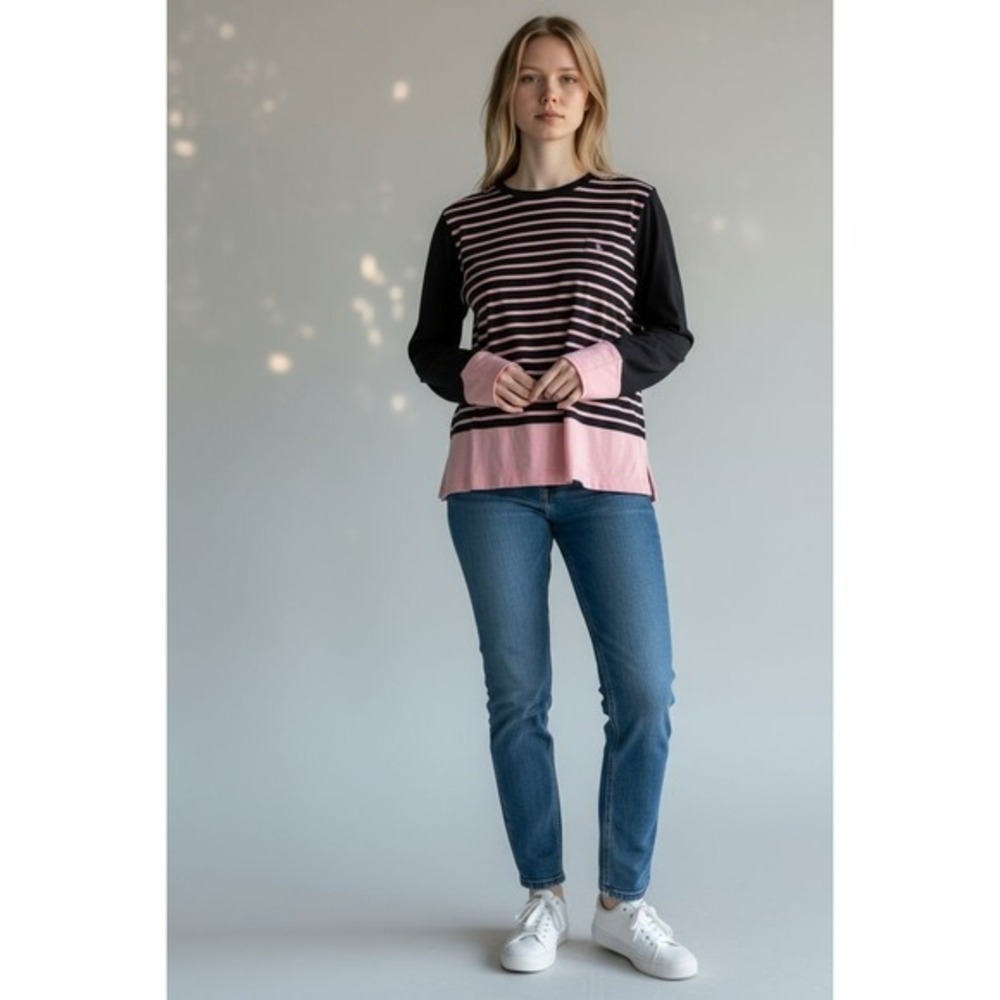 Lauren Ralph Lauren‎ Womens XL Black Pink Striped Long Sleeve Pocket Top Shirt